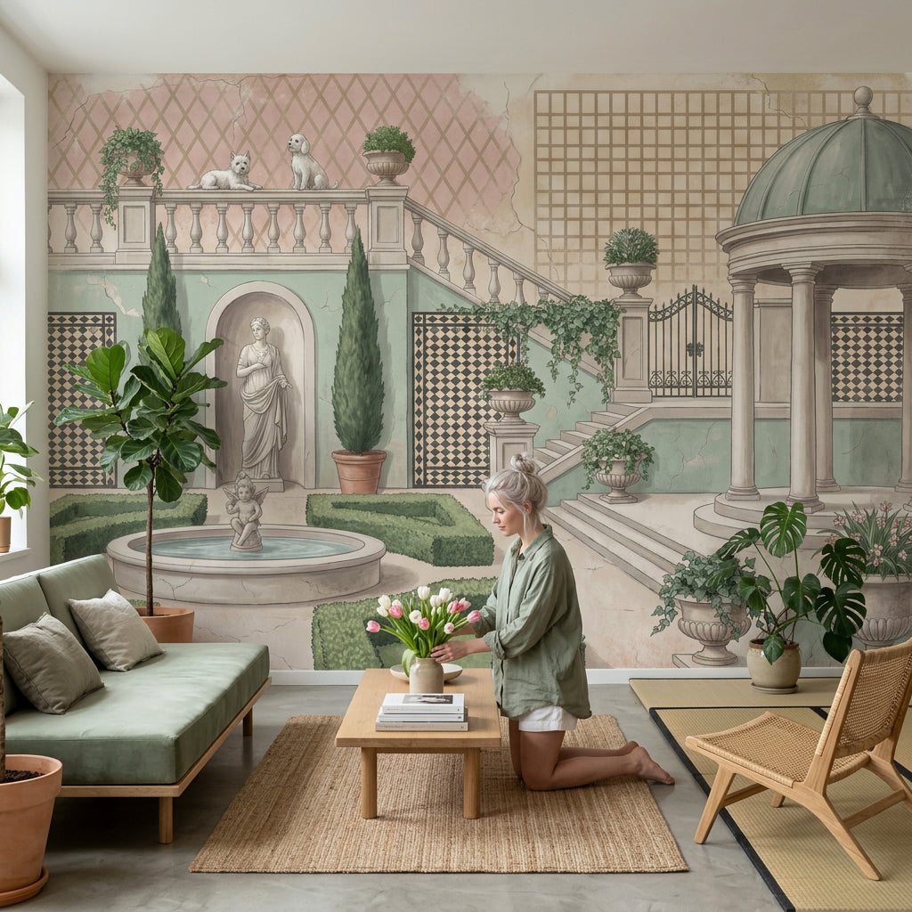 Classical Courtyard Wallpaper Mediterranean Garden Fountain With Cherub Wall Mural