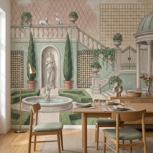 Classical Courtyard Wallpaper Mediterranean Garden Fountain With Cherub Wall Mural