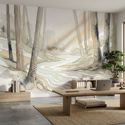 Watercolor Forest Wallpaper Woodland Landscape Winding Stream Removable Wall Decor