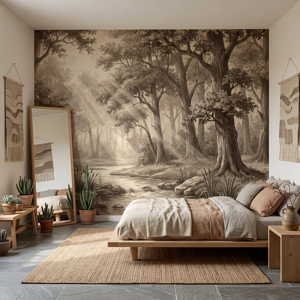 Sepia Forest Wallpaper Woodland Creek Removable Sun Rays Wall Decor