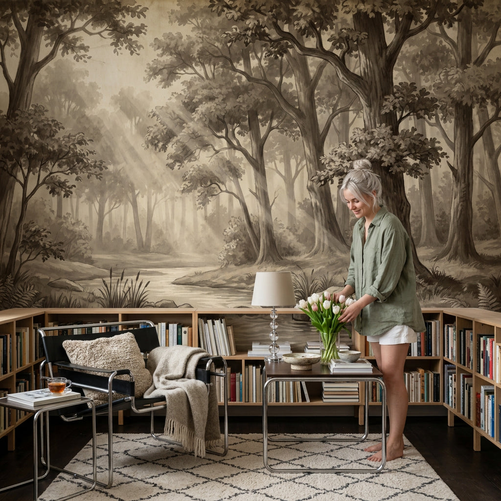 Sepia Forest Wallpaper Woodland Creek Removable Sun Rays Wall Decor