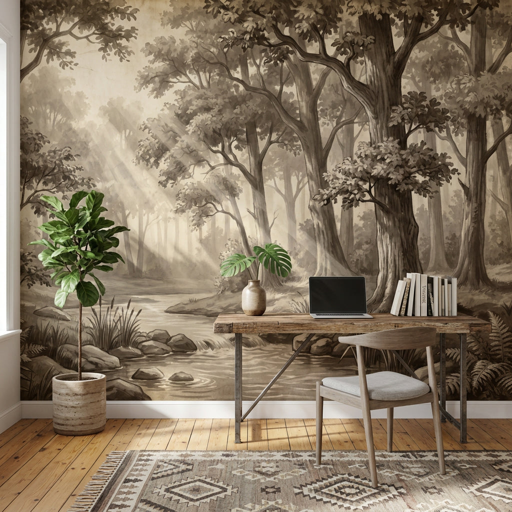 Sepia Forest Wallpaper Woodland Creek Removable Sun Rays Wall Decor