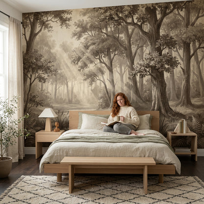 Sepia Forest Wallpaper Woodland Creek Removable Sun Rays Wall Decor