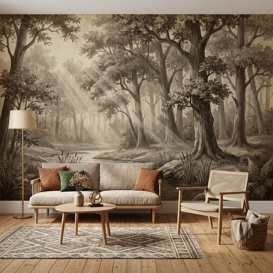 Sepia Forest Wallpaper Woodland Creek Removable Sun Rays Wall Decor
