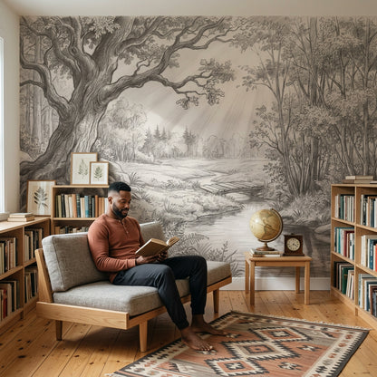Woodland Landscape Wallpaper Pencil Sketch Stream Wall Mural