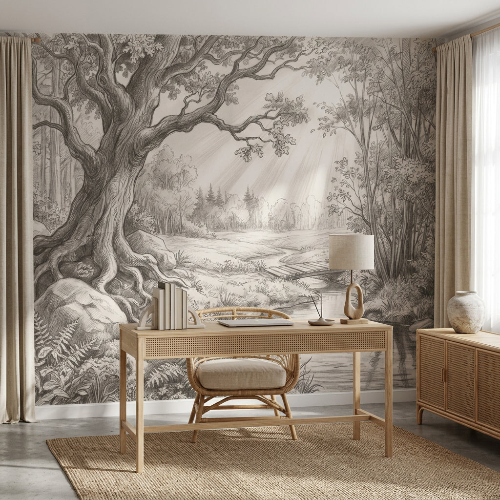 Woodland Landscape Wallpaper Pencil Sketch Stream Wall Mural