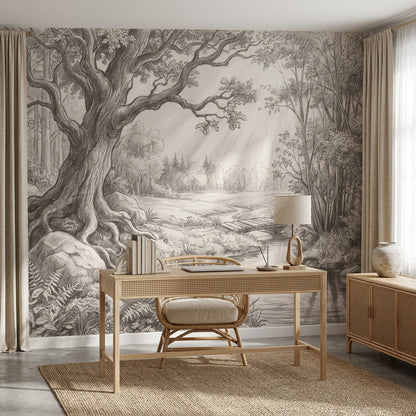 Woodland Landscape Wallpaper Pencil Sketch Stream Wall Mural