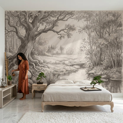 Woodland Landscape Wallpaper Pencil Sketch Stream Wall Mural