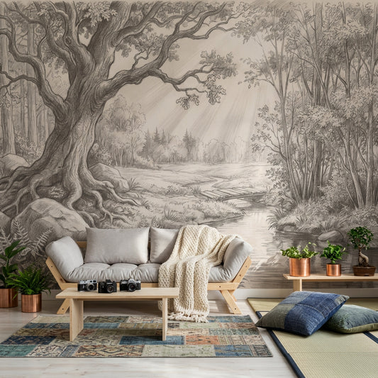 Woodland Landscape Wallpaper Pencil Sketch Stream Wall Mural