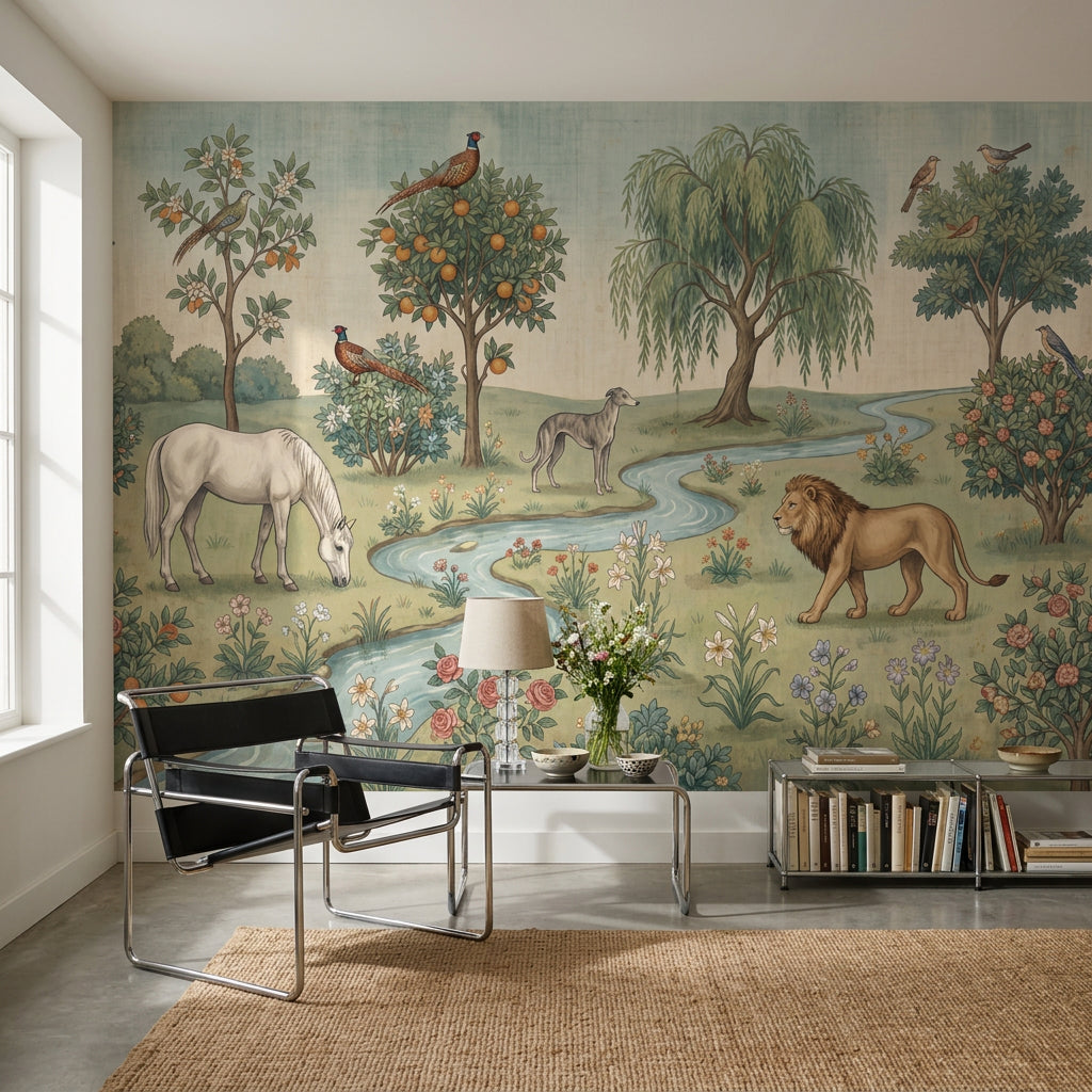 Pastoral Landscape Wallpaper Toile Illustration Storybook Garden Removable Wall Decor