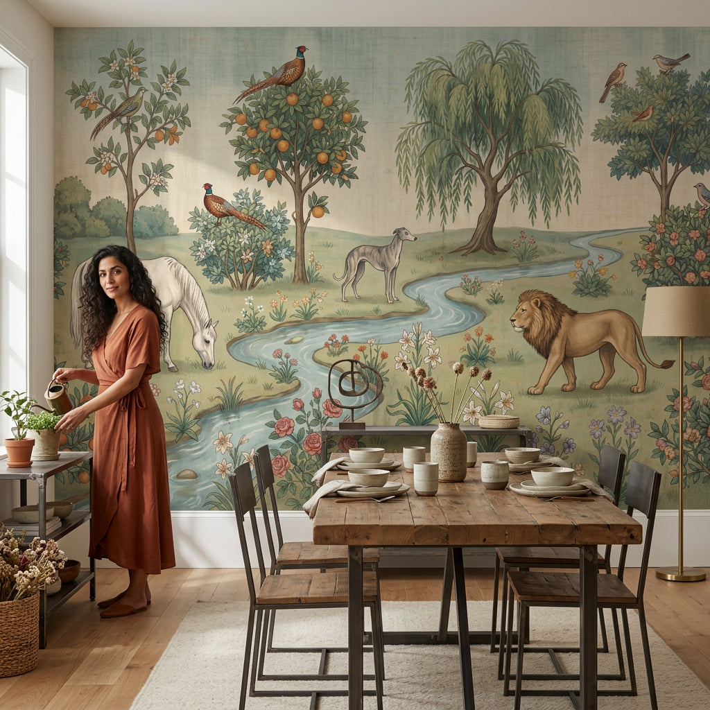 Pastoral Landscape Wallpaper Toile Illustration Storybook Garden Removable Wall Decor