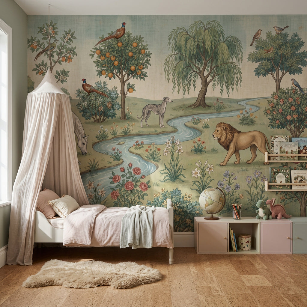 Pastoral Landscape Wallpaper Toile Illustration Storybook Garden Removable Wall Decor