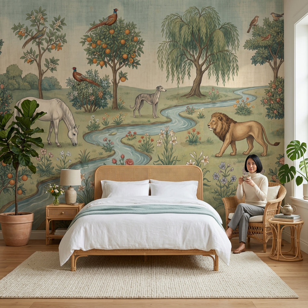 Pastoral Landscape Wallpaper Toile Illustration Storybook Garden Removable Wall Decor