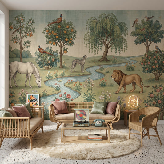 Pastoral Landscape Wallpaper Toile Illustration Storybook Garden Removable Wall Decor