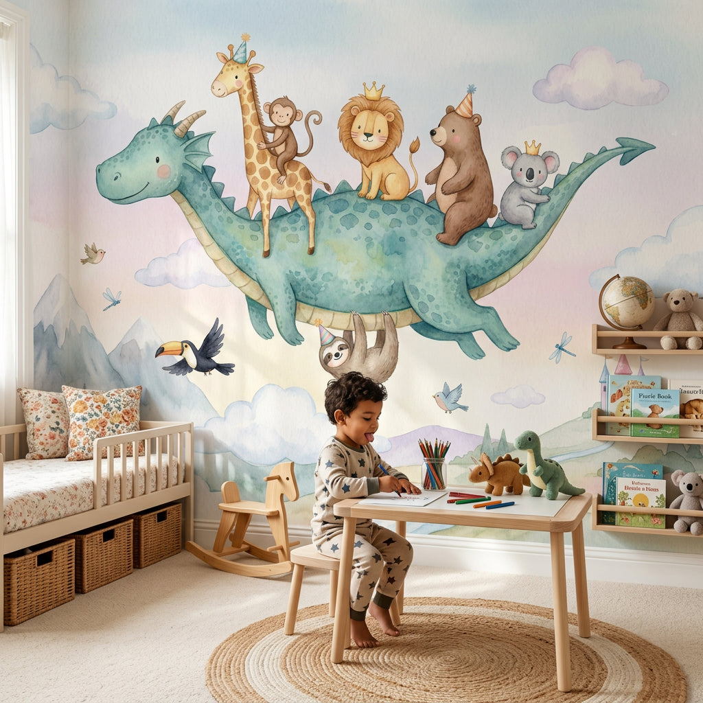 Flying Dragon Wallpaper Watercolor Removable Whimsical Wall Decor