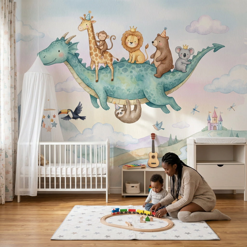 Flying Dragon Wallpaper Watercolor Removable Whimsical Wall Decor