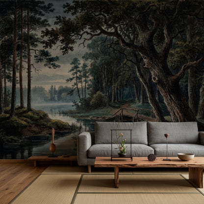 Dark Forest Wallpaper Woodland Landscape Misty Lake Removable Wall Decor