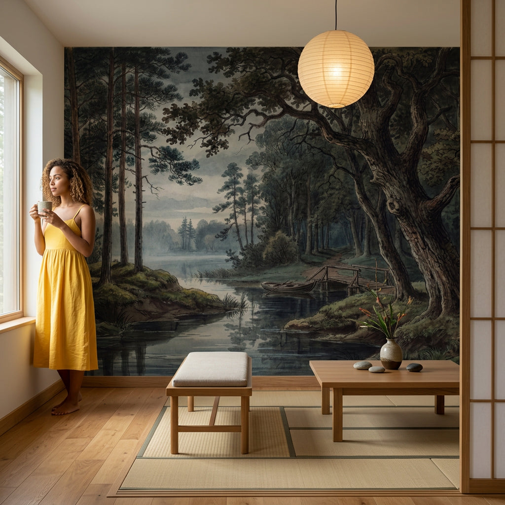 Dark Forest Wallpaper Woodland Landscape Misty Lake Removable Wall Decor