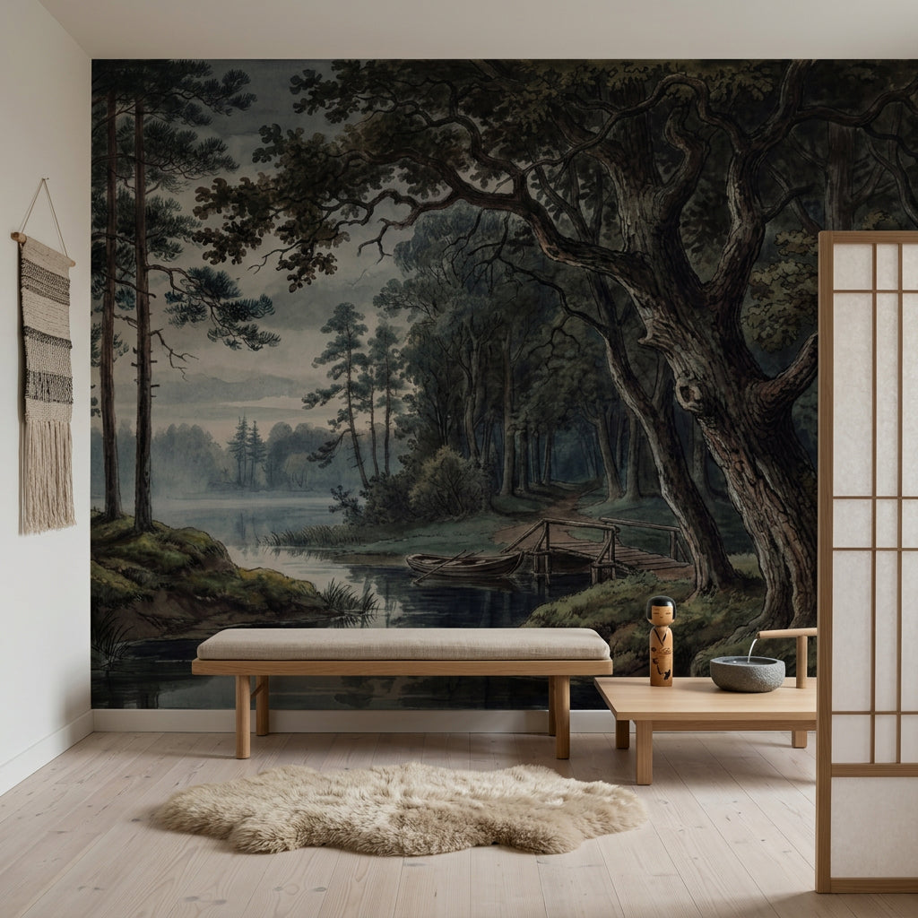 Dark Forest Wallpaper Woodland Landscape Misty Lake Removable Wall Decor