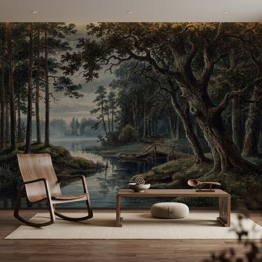 Dark Forest Wallpaper Woodland Landscape Misty Lake Removable Wall Decor