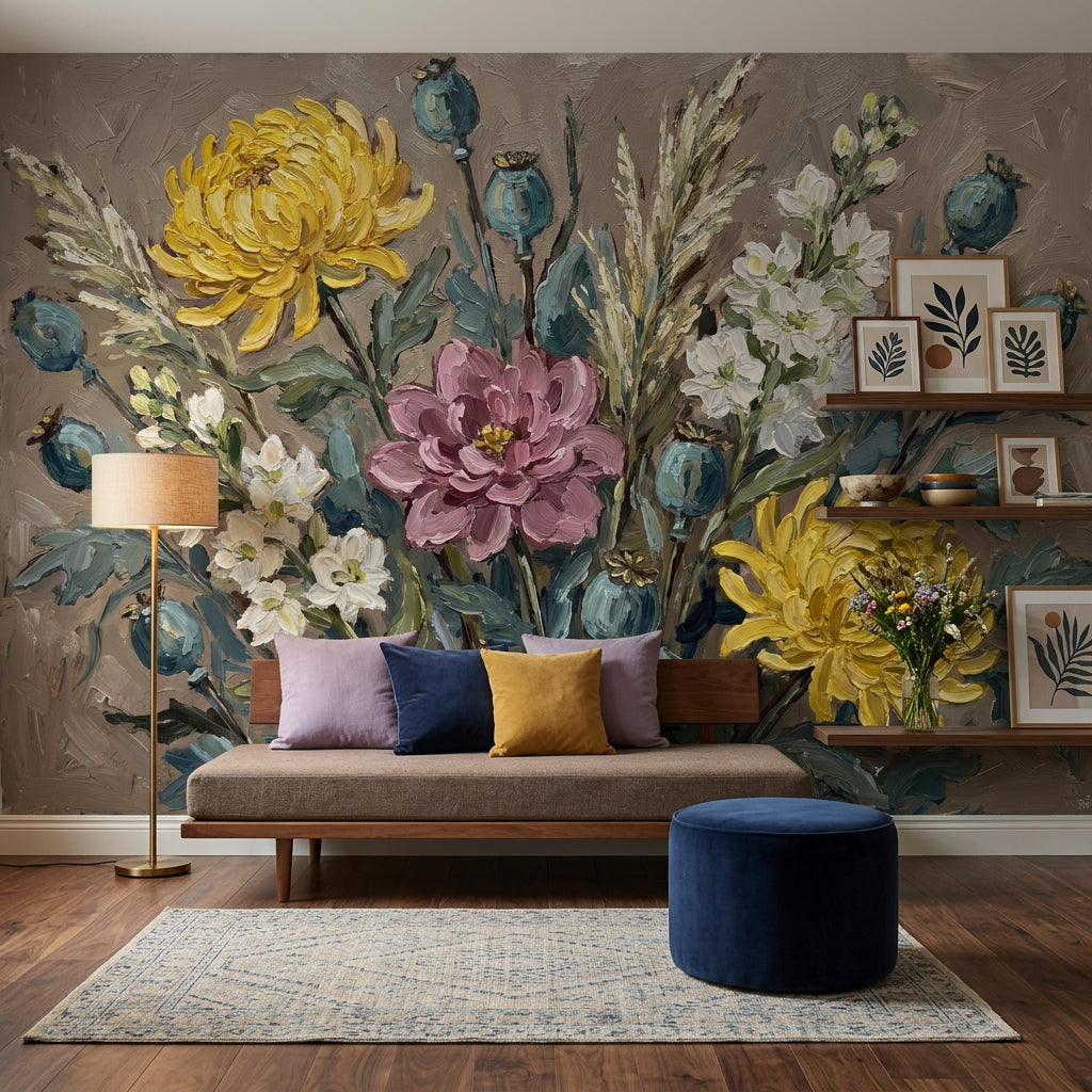 Yellow Chrysanthemums Wallpaper Mauve Dahlia Botanical Garden Removable Wall Decor