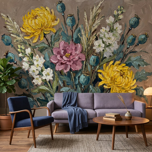Yellow Chrysanthemums Wallpaper Mauve Dahlia Botanical Garden Removable Wall Decor
