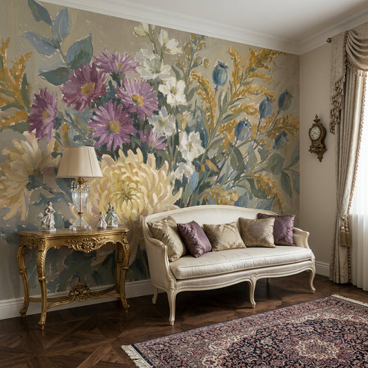 Cream Chrysanthemum Wallpaper Floral Bouquet Removable Vintage Botanical Wall Decor