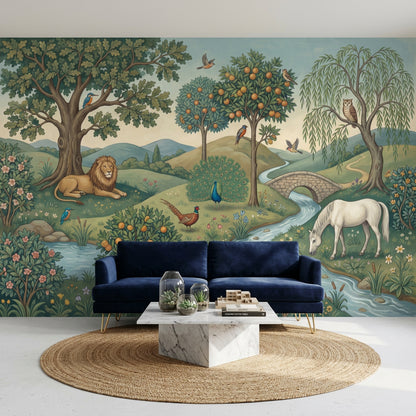 Pastoral Landscape Wallpaper Storybook Illustration Green Countryside Wall Mural