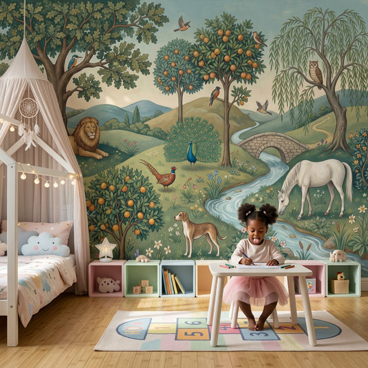 Pastoral Landscape Wallpaper Storybook Illustration Green Countryside Wall Mural