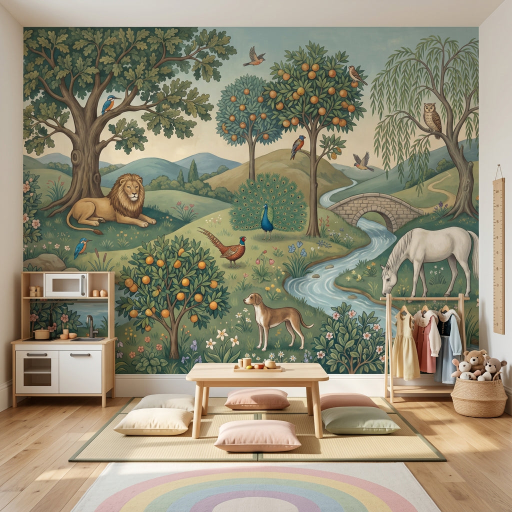 Pastoral Landscape Wallpaper Storybook Illustration Green Countryside Wall Mural