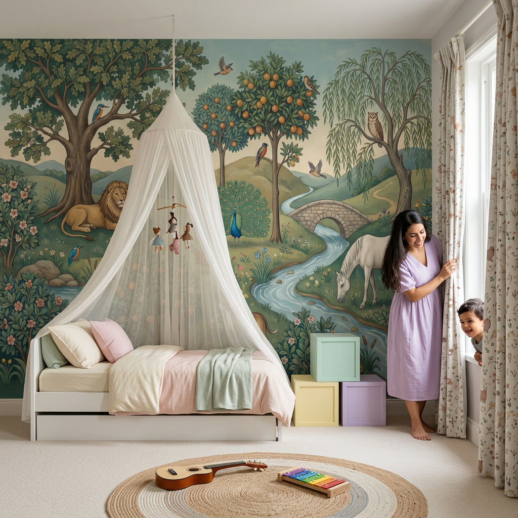 Pastoral Landscape Wallpaper Storybook Illustration Green Countryside Wall Mural