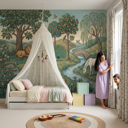 Pastoral Landscape Wallpaper Storybook Illustration Green Countryside Wall Mural