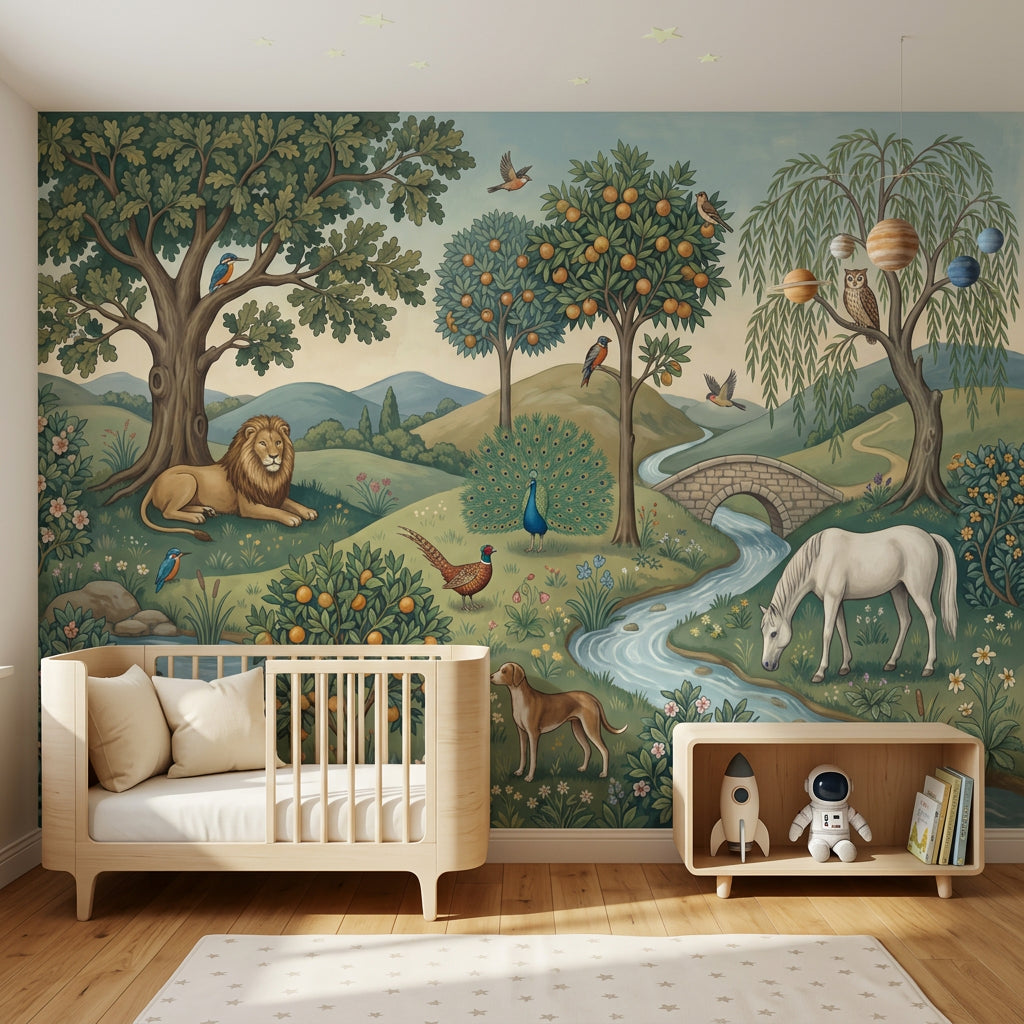 Pastoral Landscape Wallpaper Storybook Illustration Green Countryside Wall Mural