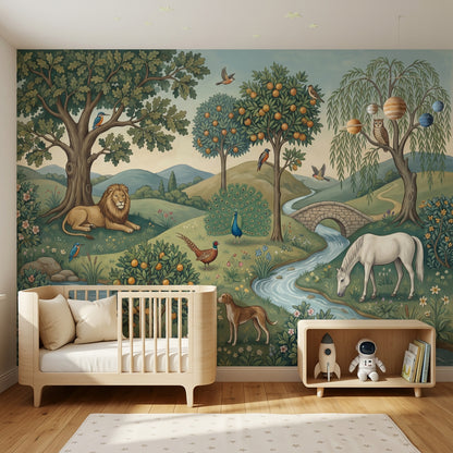 Pastoral Landscape Wallpaper Storybook Illustration Green Countryside Wall Mural