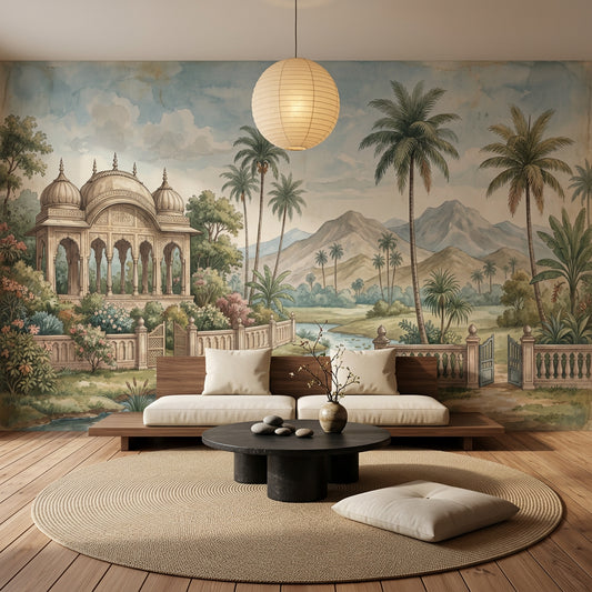 Mughal Pavilion Wallpaper Tropical Landscape Watercolor Vintage Wall Mural