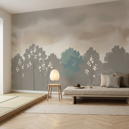 Misty Landscape Wallpaper Minimal Trees Removable White Blossoms Wall Decor