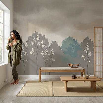 Misty Landscape Wallpaper Minimal Trees Removable White Blossoms Wall Decor