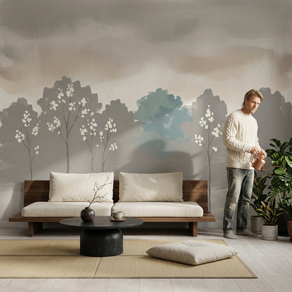 Misty Landscape Wallpaper Minimal Trees Removable White Blossoms Wall Decor