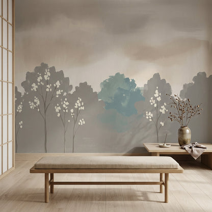 Misty Landscape Wallpaper Minimal Trees Removable White Blossoms Wall Decor