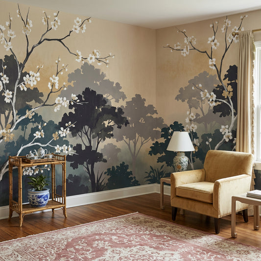 Misty Forest Wallpaper Watercolor Cherry Blossom Wall Mural
