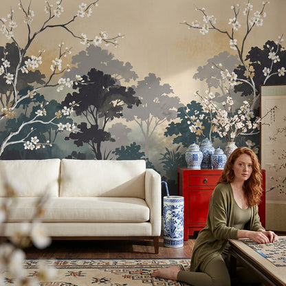 Misty Forest Wallpaper Watercolor Cherry Blossom Wall Mural