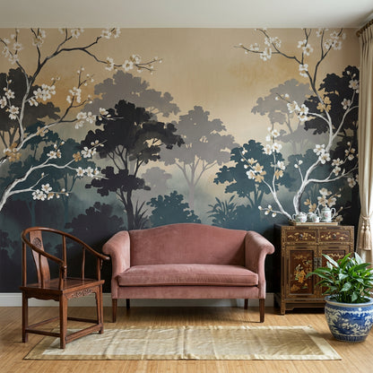 Misty Forest Wallpaper Watercolor Cherry Blossom Wall Mural