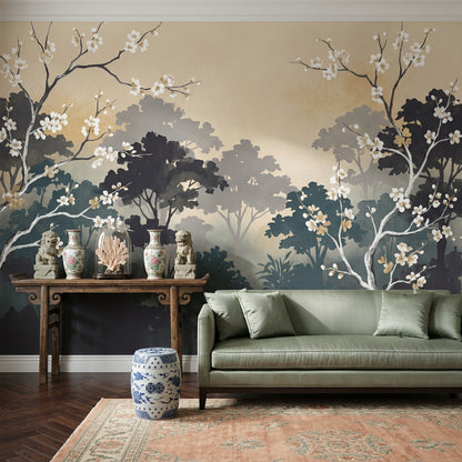 Misty Forest Wallpaper Watercolor Cherry Blossom Wall Mural