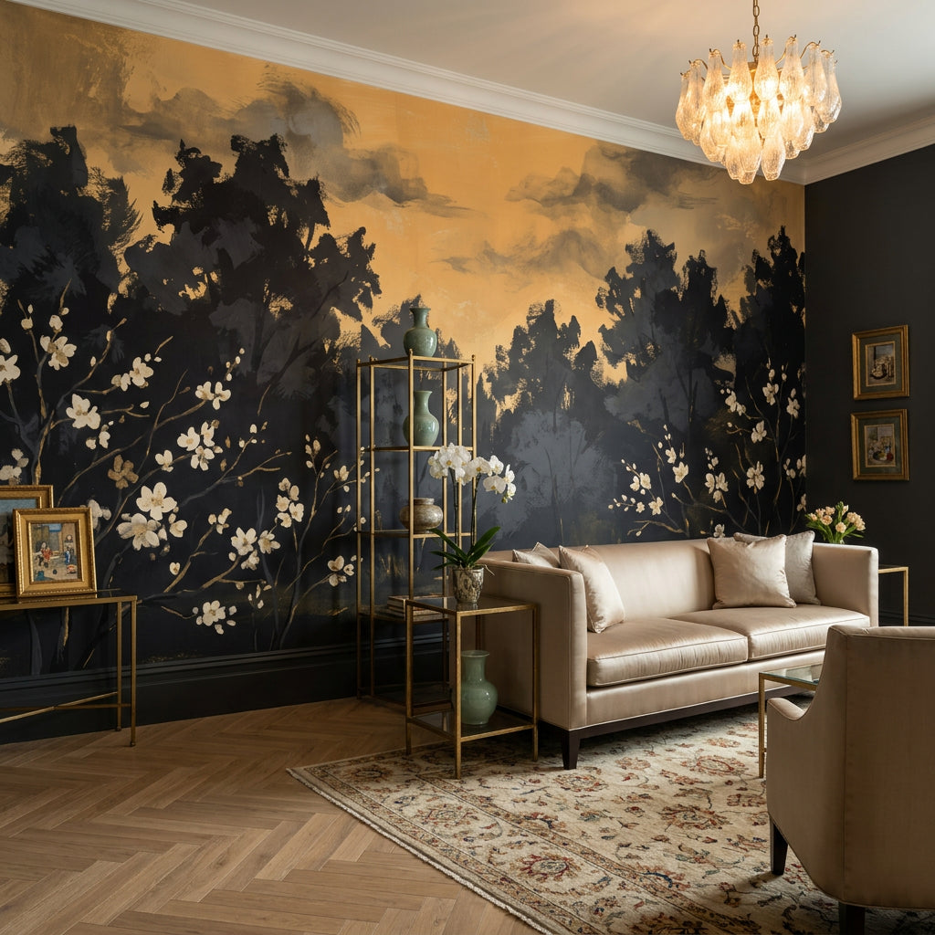 Dark Woodland Landscape Wallpaper Golden Sky Silhouette Trees Removable Wall Decor