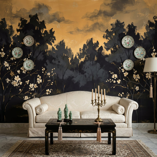 Dark Woodland Landscape Wallpaper Golden Sky Silhouette Trees Removable Wall Decor