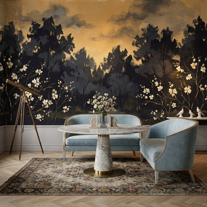 Dark Woodland Landscape Wallpaper Golden Sky Silhouette Trees Removable Wall Decor