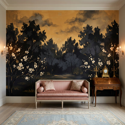 Dark Woodland Landscape Wallpaper Golden Sky Silhouette Trees Removable Wall Decor