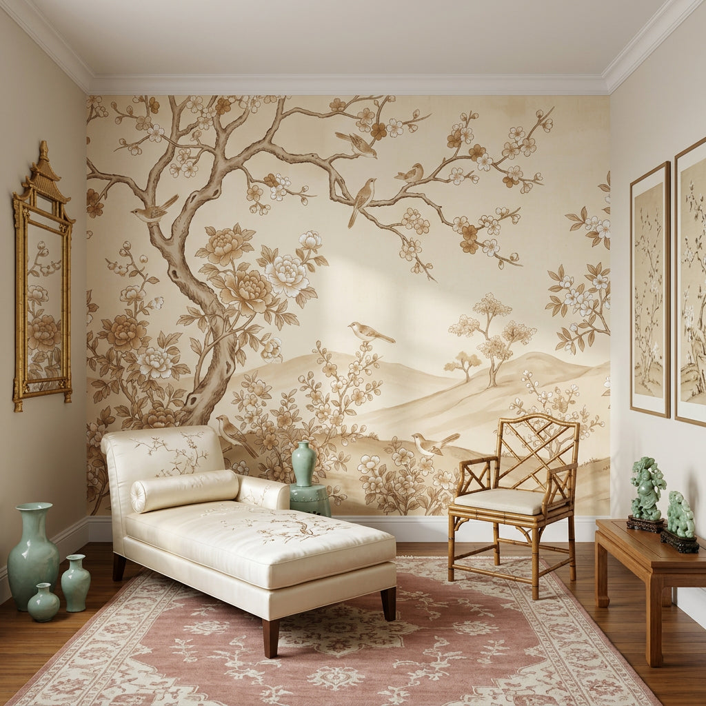 Vintage Chinoiserie Wallpaper Floral Landscape Blossoming Branches Wall Mural