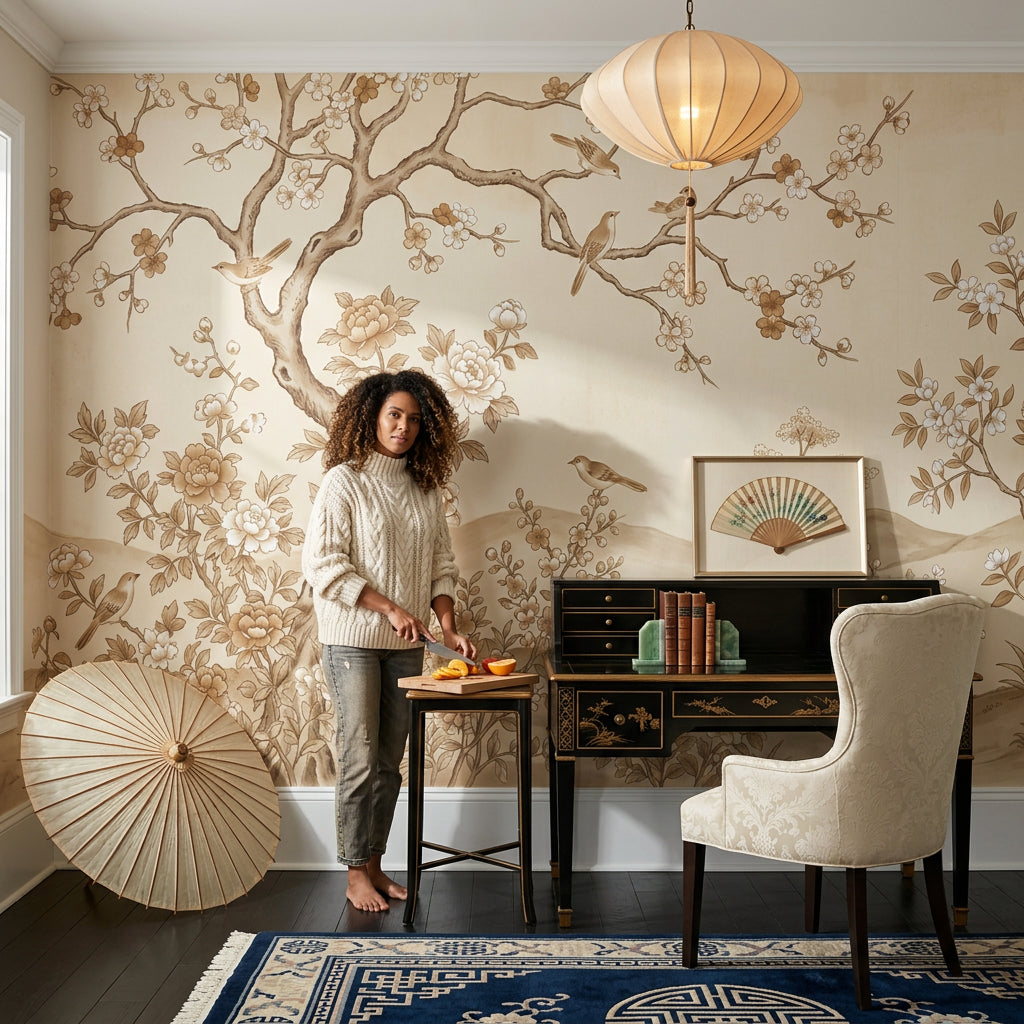 Vintage Chinoiserie Wallpaper Floral Landscape Blossoming Branches Wall Mural