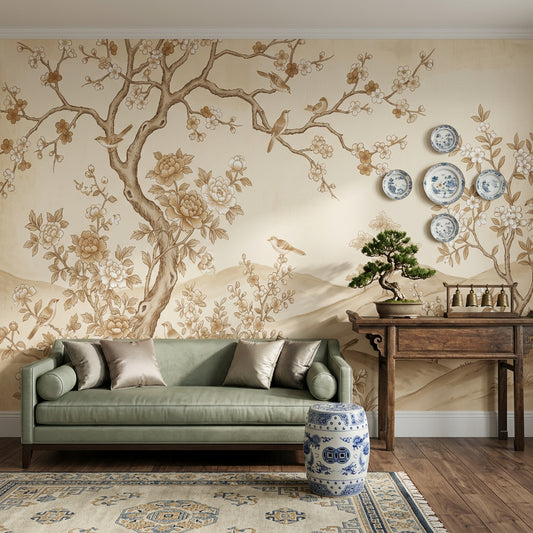 Vintage Chinoiserie Wallpaper Floral Landscape Blossoming Branches Wall Mural